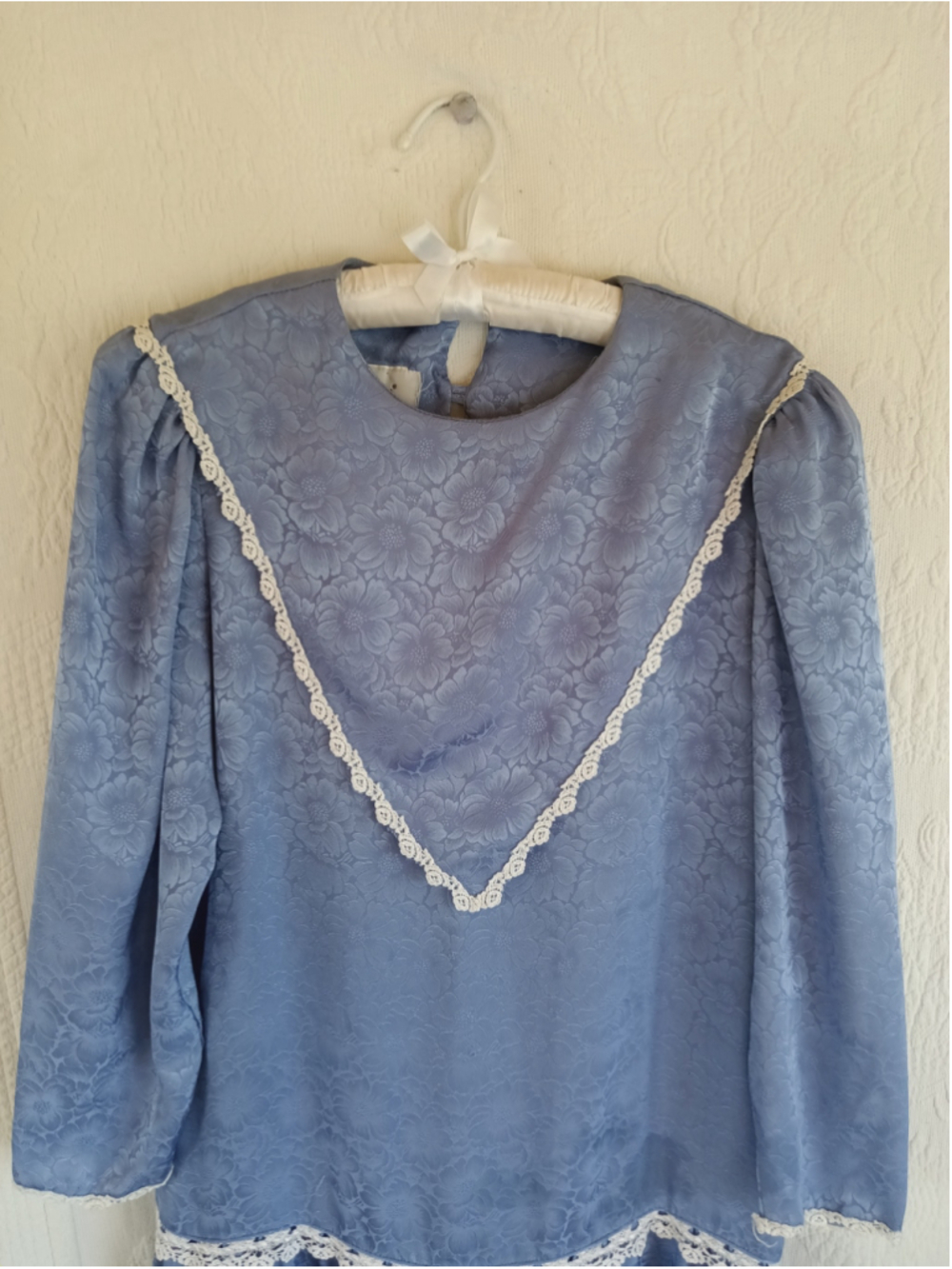 Vintage Jody California Blue Jacquard Drop Waist Dress 80s bib Lace romantic LG - Picture 2 of 12